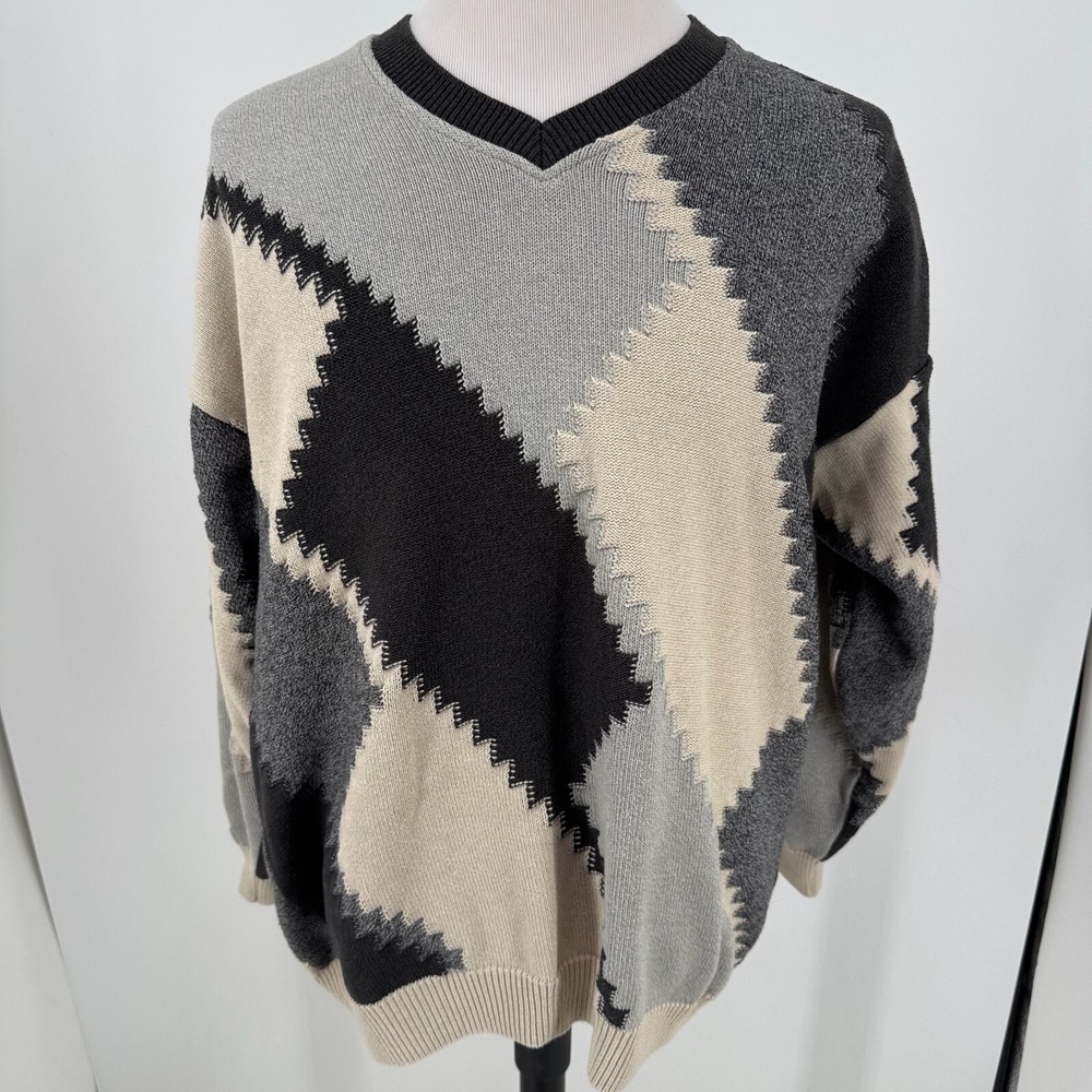 1980s Tundra Canada Pullover Cosby  Sweater MENS Beige Black Gray V Neck  XL